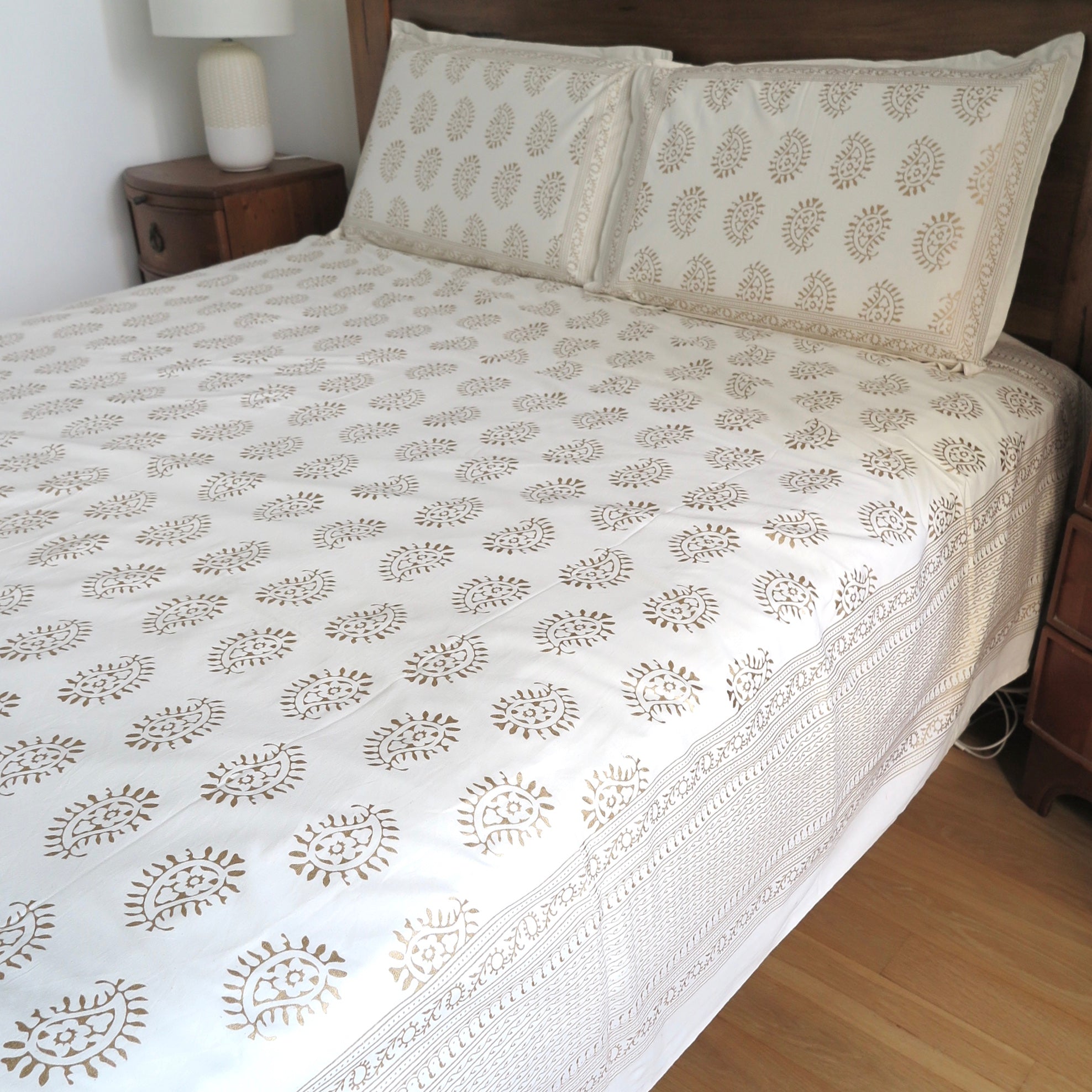 White and Gold Block Print, Bed Cover