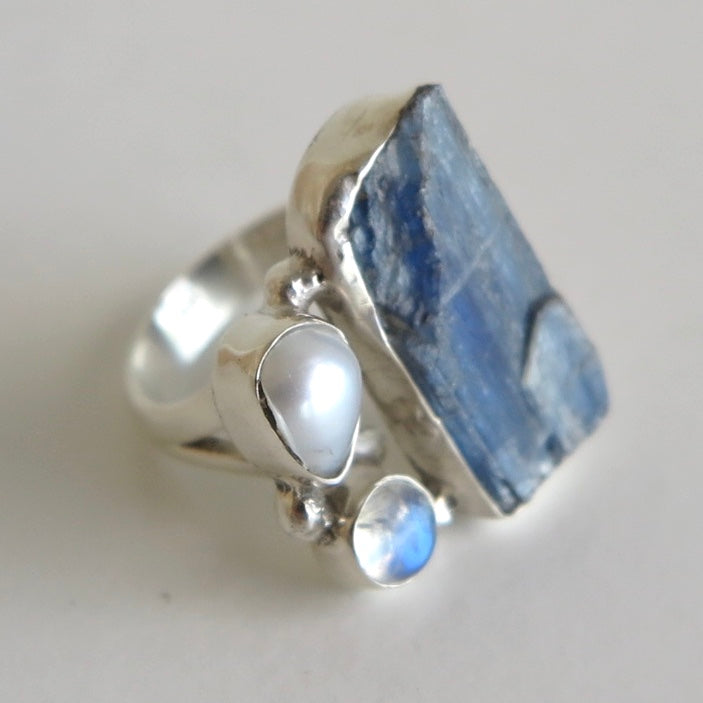 Kyanite, Pearl and Moonstone Ring