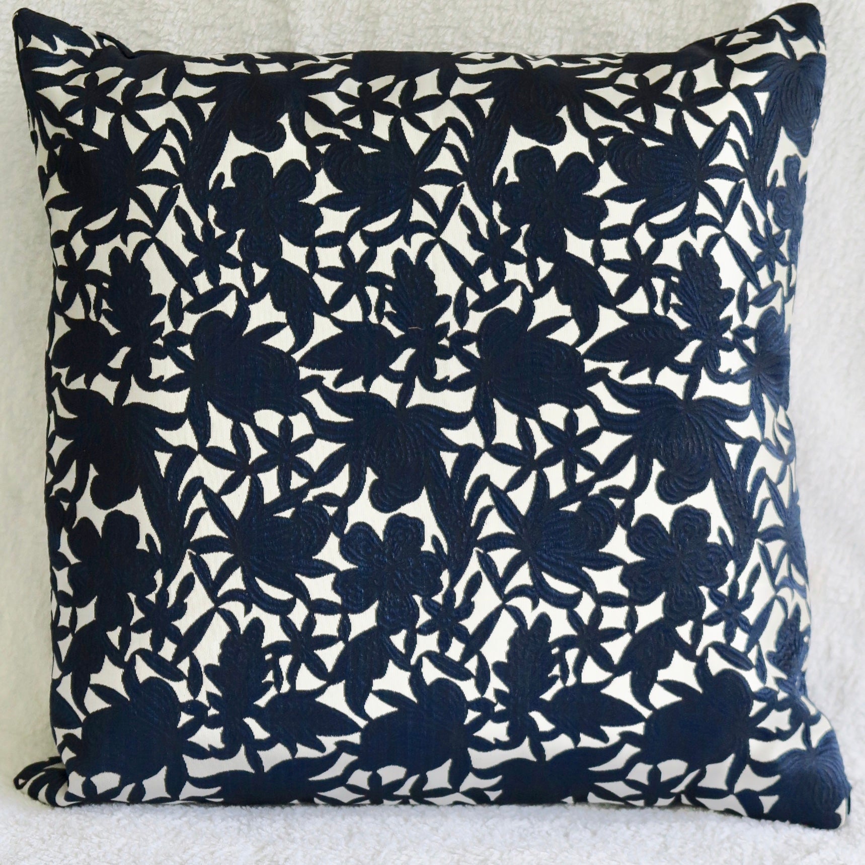 Navy & White Flower Brocade, Cushion Cover - Nomad Designs Online